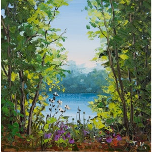 Forest Lake Oil Painting Original Art Green Trees Small Landscape ...