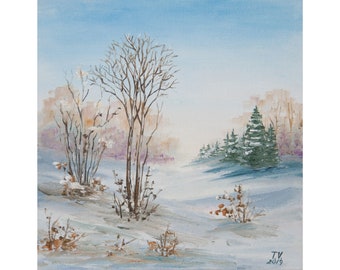 Paysage d'hiver, peinture à l'huile originale recouverte de neige, forêt de pins, petite peinture, oeuvre de champ de neige 6 "x 6"