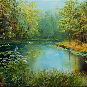 Forest Lake Oil Painting: Original Green Landscape Art