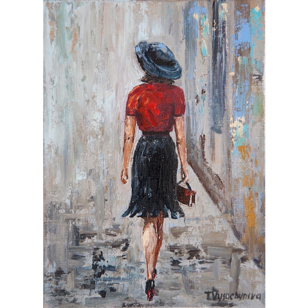 Femme Peinture à l’huile Art original Fille Peinture Ville Scène de rue Art miniature 7 x 5 po