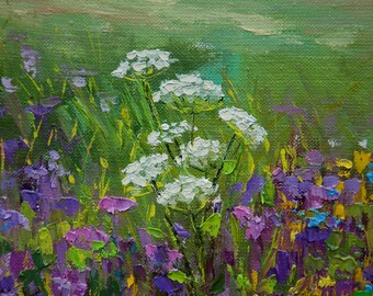 花畑の油絵：キャンバスに描かれた花咲く草原の風景のオリジナルアート