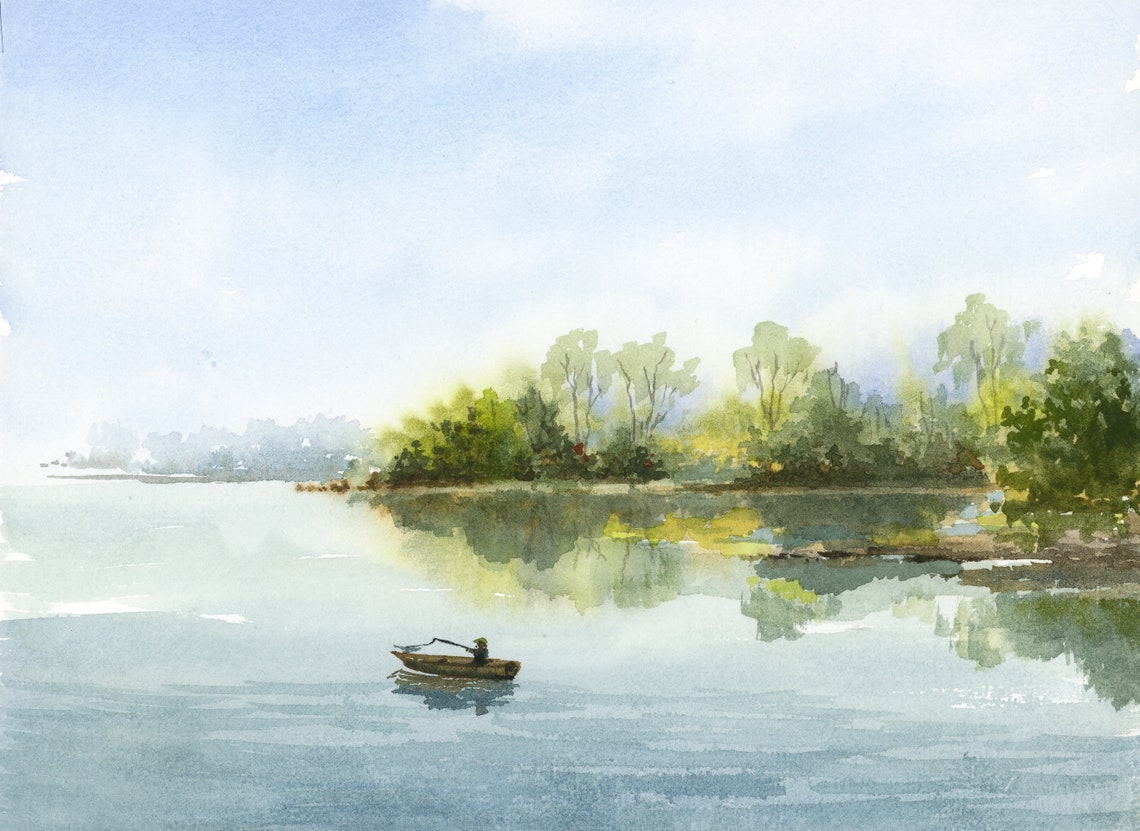 River Landscape Watercolor Painting Print Lake Green Trees Fishing Boat ...