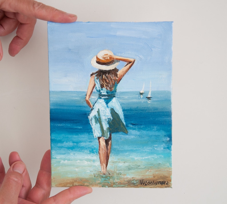 Girl and Sea Oil Painting: Original Art Coastal Seascape Miniature ...
