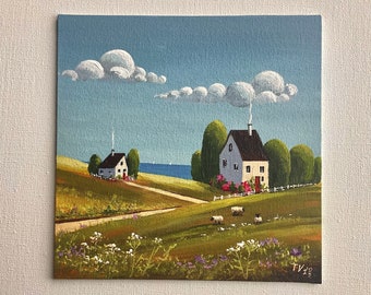 素朴な田舎の風景油絵：夏の田園風景、アートワーク8x8 - Etsy 日本