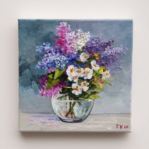 Lilac Bouquet Oil Painting: Small Floral Still Life Original Art on Canvas