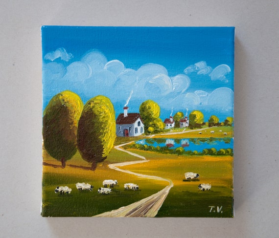 素朴な田舎の風景油絵：夏の田園風景、アートワーク8x8 - Etsy 日本