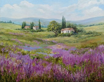 Lavender Field Oil Painting Original Art French Country Landscape on Canvas (24x28)