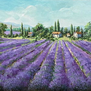 Pintura de campos de lavanda, arte original, paisaje provenzal, pintura acrílica, casa de campo francesa, valle de flores, bellas artes, 10 x 12