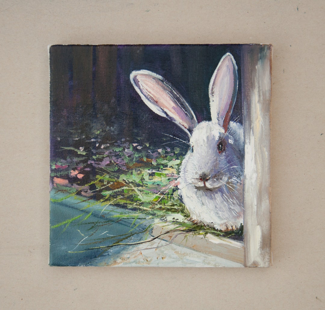 White Rabbit Oil Painting Original Art Small Animal Painting Little ...