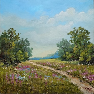 Campo de flores Pintura a óleo Arte original Paisagem de verão Prado florido e árvores verdes Pequena pintura 8 x 8 Ideia de presente para ela