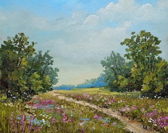 花畑の絵画：額入りミニチュアアクリルアート、2 x 2インチの花畑