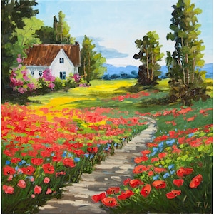 Poppy Field Oil Painting: French Country Cottage Landscape, Original Art 12x12