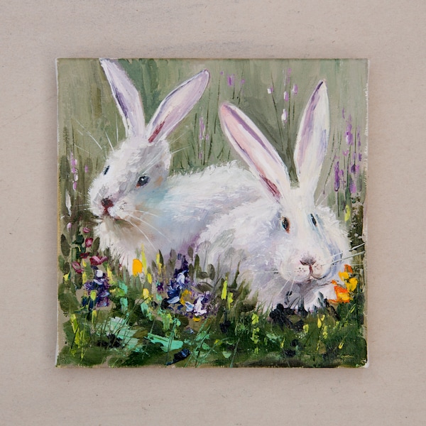 White Bunny Oil Painting Rabbits Painting Original Art On Canvas Pets Animal Floral Meadow Small Artwork Little Bunny Miniature 6" x 6"