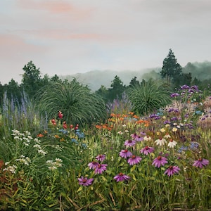 Blumengarten Ölgemälde Original Art Sommer Landschaft Auf Leinwand Botanischer Garten Bäume Blumen Zier Gräser Große Wand Kunst 28 x 24