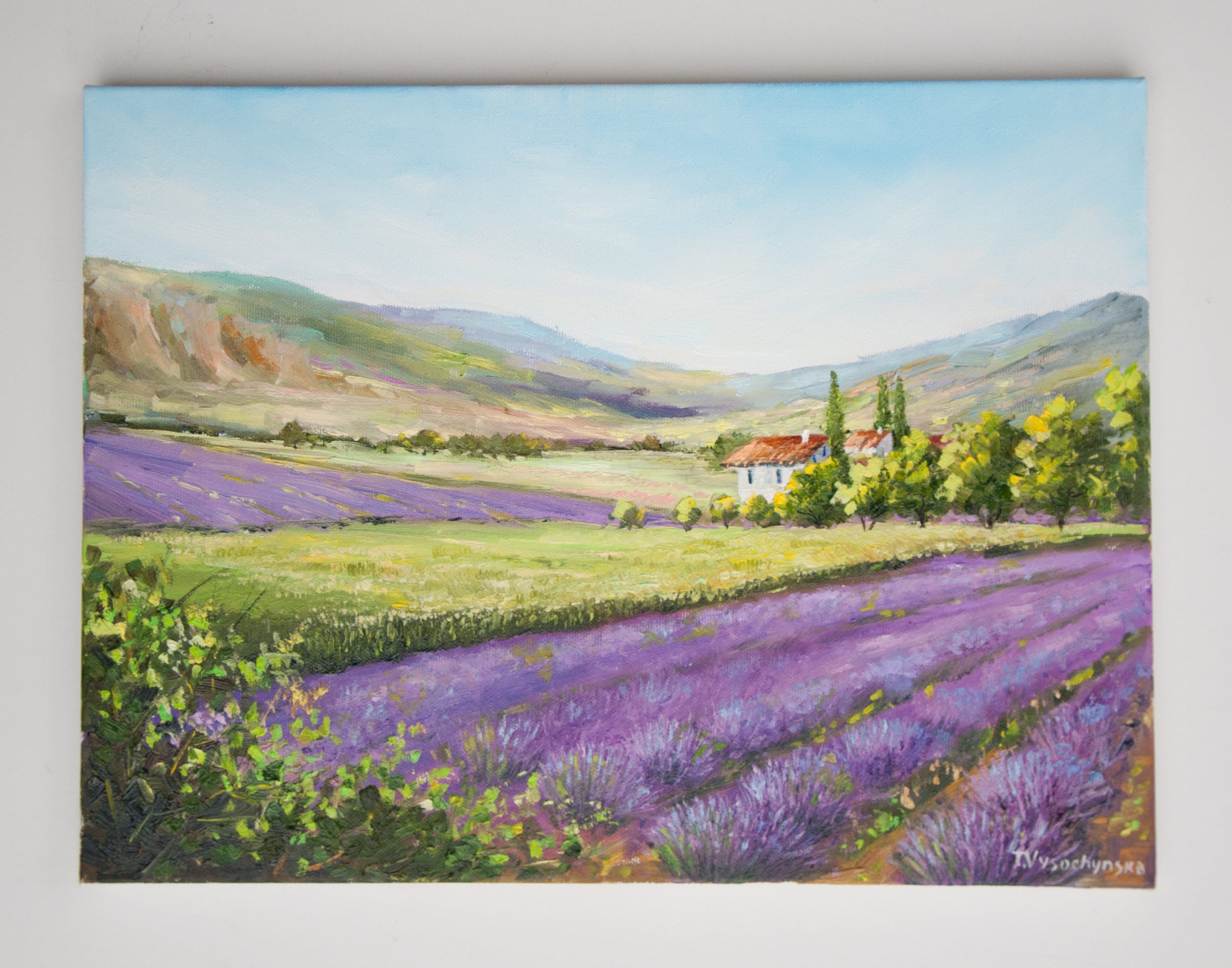 ラベンダー畑の油絵 プロヴァンスの風景画 フランスの田舎 12インチ x