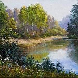 Forest Landscape Oil Painting Original Art Summer Nature Woodland Lake Green Trees And Pond Artwork On Canvas 14 x 16 in
