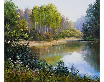 森の小川の油絵 川の風景 リネンキャンバス 16x20インチ - Etsy 日本