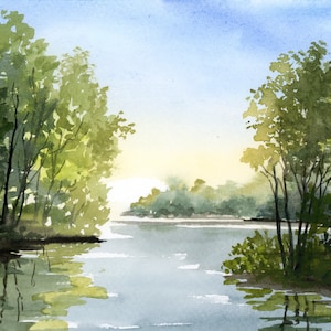 Watercolor River Landscape Print: Nature Wall Art Poster