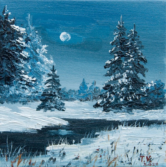 ウィンタークリーク油絵：オリジナルアート雪景色と月、6x6 - Etsy 日本