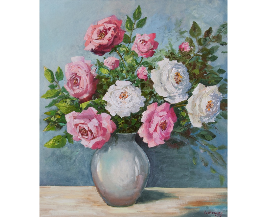 Flowers Roses Oil Painting Floral Original Art Flower Still Life On