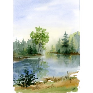 SommerLandschaft Aquarell Druck See Und Bäume Poster Nebliger Wald Neblige Natur Druck
