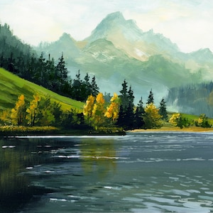 Original River Landscape Painting: Acrylic Mountain Art (8x10)