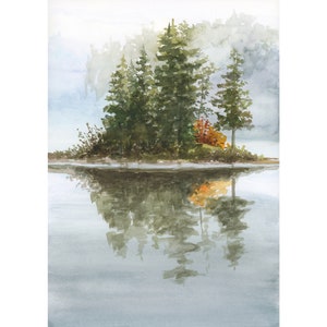Foggy Forest Watercolor Painting Print Nature Landscape Print Misty Lake Pine Trees Green Forest Wall Art Poster