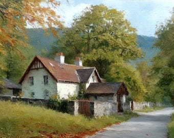 Original Oil Painting – Autumn Country Cottage Landscape Wall Art