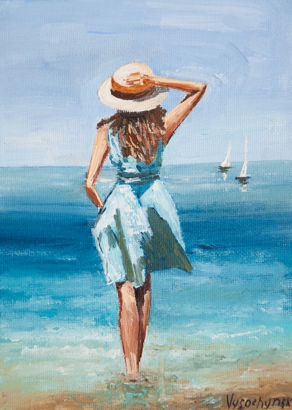 Fille et mer Peinture de plage Peinture dart original Paysage