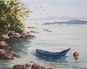 Paysage marin Peinture Bateau de pêche Original Aquarelle Art Été Nature Paysage Beaux-Arts