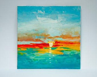 Seascape Oil Painting: Original Art Abstract Sunset, Blue Ocean (6x6)