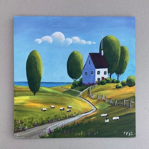 素朴な田舎の風景油絵：夏の田園風景、アートワーク8x8 - Etsy 日本