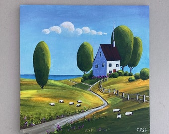 素朴な田舎の風景画 オリジナルアクリルアート 8x8 夏の自然風景