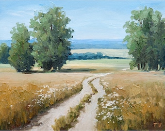 田園風景、柔らかな色調、オリジナル絵画、夏の田園風景、田舎道、丘