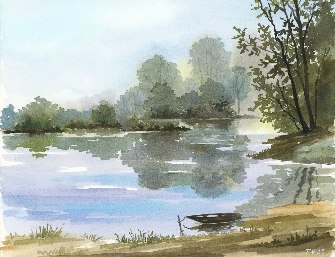 River Landscape Watercolor Painting Original Art Lake Foggy Trees Boat ...