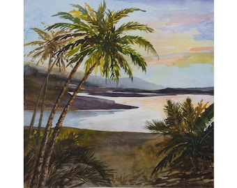 Aquarelle originale paysage marin d'Hawaï, palmiers tropicaux, coucher de soleil Art (10 x 10 po.)