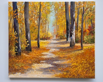 オリジナルの秋の森の油絵：黄金の秋の風景画（14 x 16インチ） - Etsy