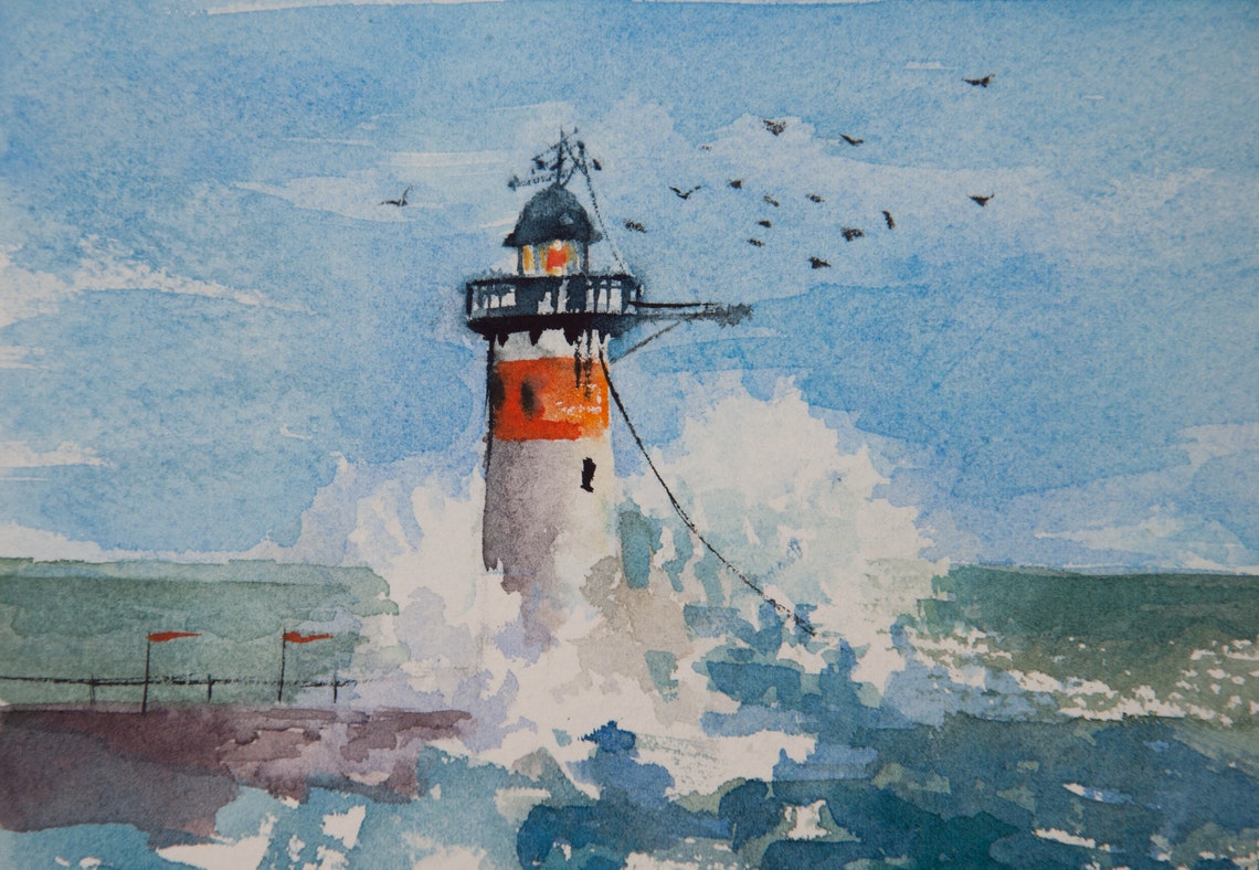 Lighthouse Painting Original Watercolor Art Seascape Storm Big Etsy