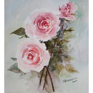 Floral Painting Original Art Watercolor Painting Pink Roses Art Flower Still Life Flowers Wall Decor Gift Idea 9&quot; x 8,6&quot;