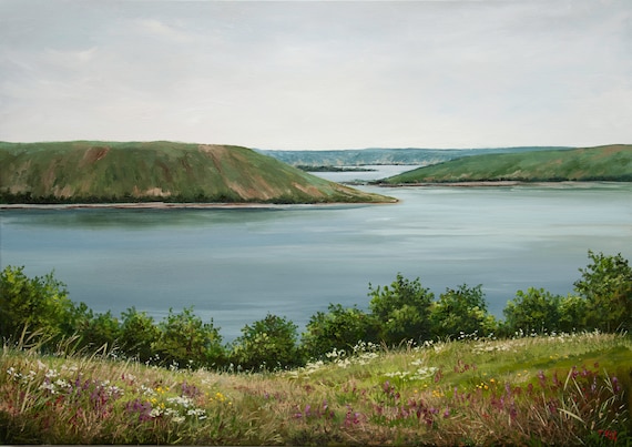 川の風景油絵 オリジナルアート 自然風景 緑の丘 咲く草原 キャンバス