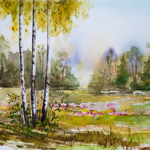 Birch Tree Watercolor Painting Original Art Summer Green Forest Landscape Art