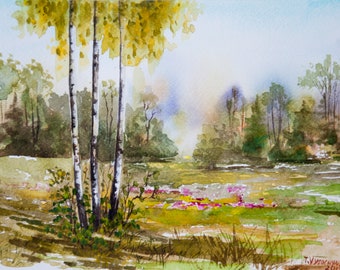 Sommer Landschaft Aquarell Malerei Original Kunst Birken Grün Wald Landschaft Kunstwerk Espe Bäume Fine Art