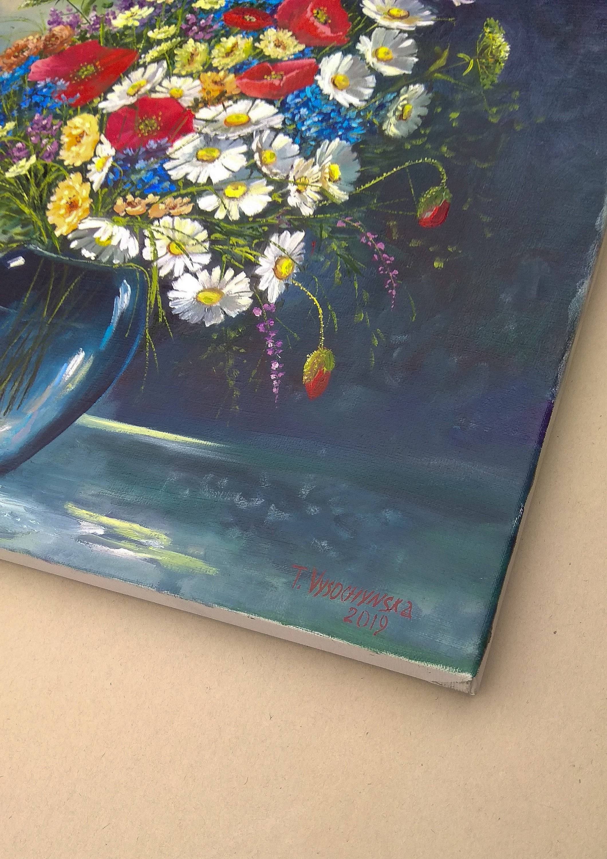 Wildflowers Original Oil Painting: Red Poppies, Daisies