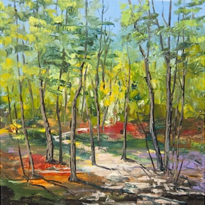 Green Forest Oil Painting: Small Woodland Landscape Art (6x6in)
