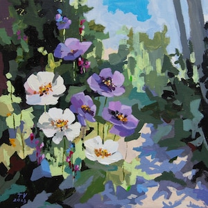Pintura acrílica floral, arte original, flores de jardín, pintura, violeta, púrpura, anémonas, paisaje de verano, bellas artes, 10 x 10