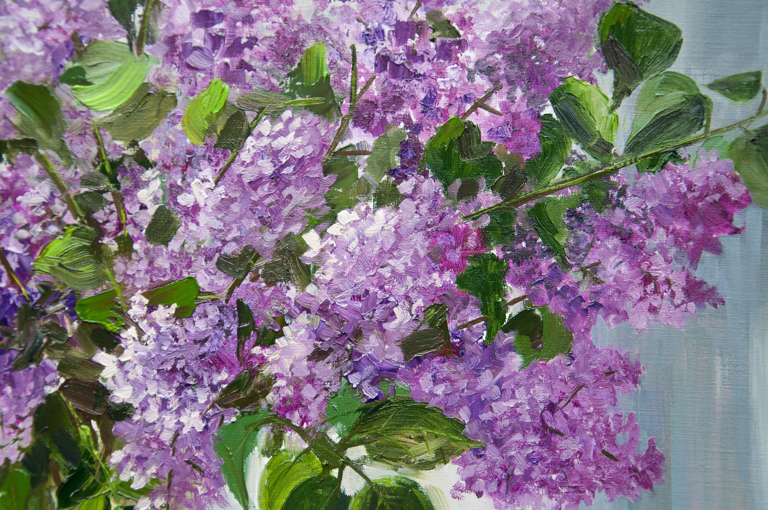ライラックの花束の油絵：キャンバスに描かれたオリジナルアートの花の