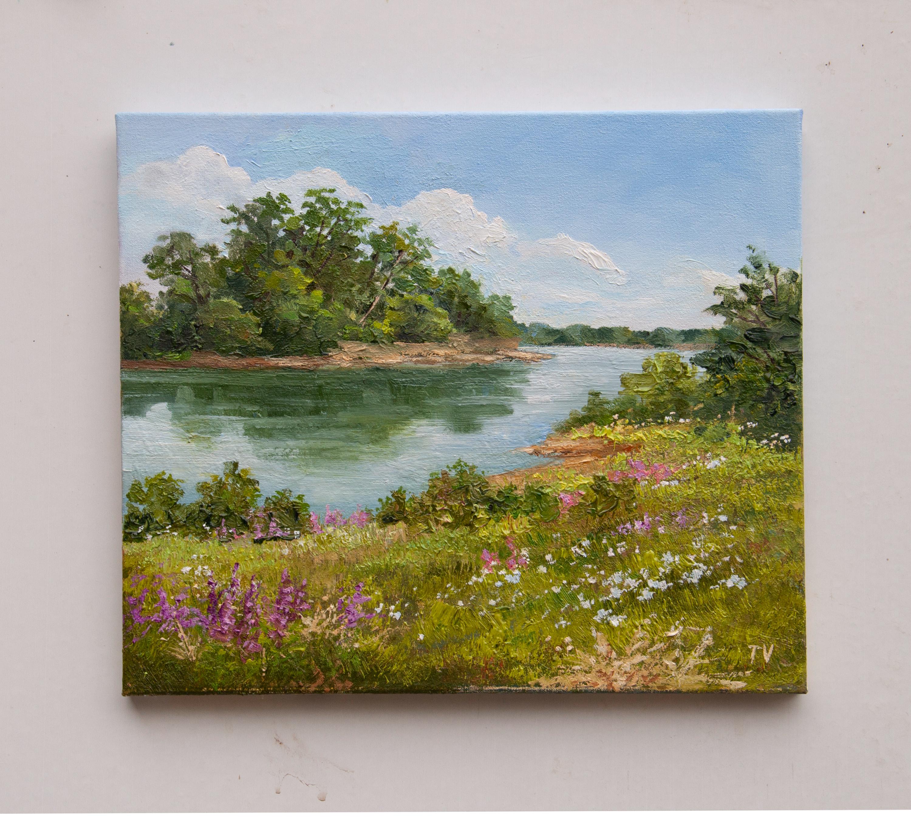 オリジナル油絵、川の風景画、花咲く草原、小さな壁掛けアート、8x8
