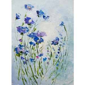 Fiore prato pittura a olio arte originale paesaggio campo blu fiordalisi fiori pittura botanica pittura astratta 9,5 &quot;x 7&quot;