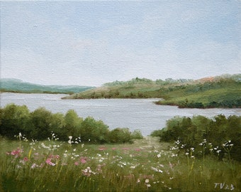 Rivier landschap olieverfschilderij originele kunst op canvas land zomer landschap groene bomen en velden kalm neutraal Fine Art 8 x 10