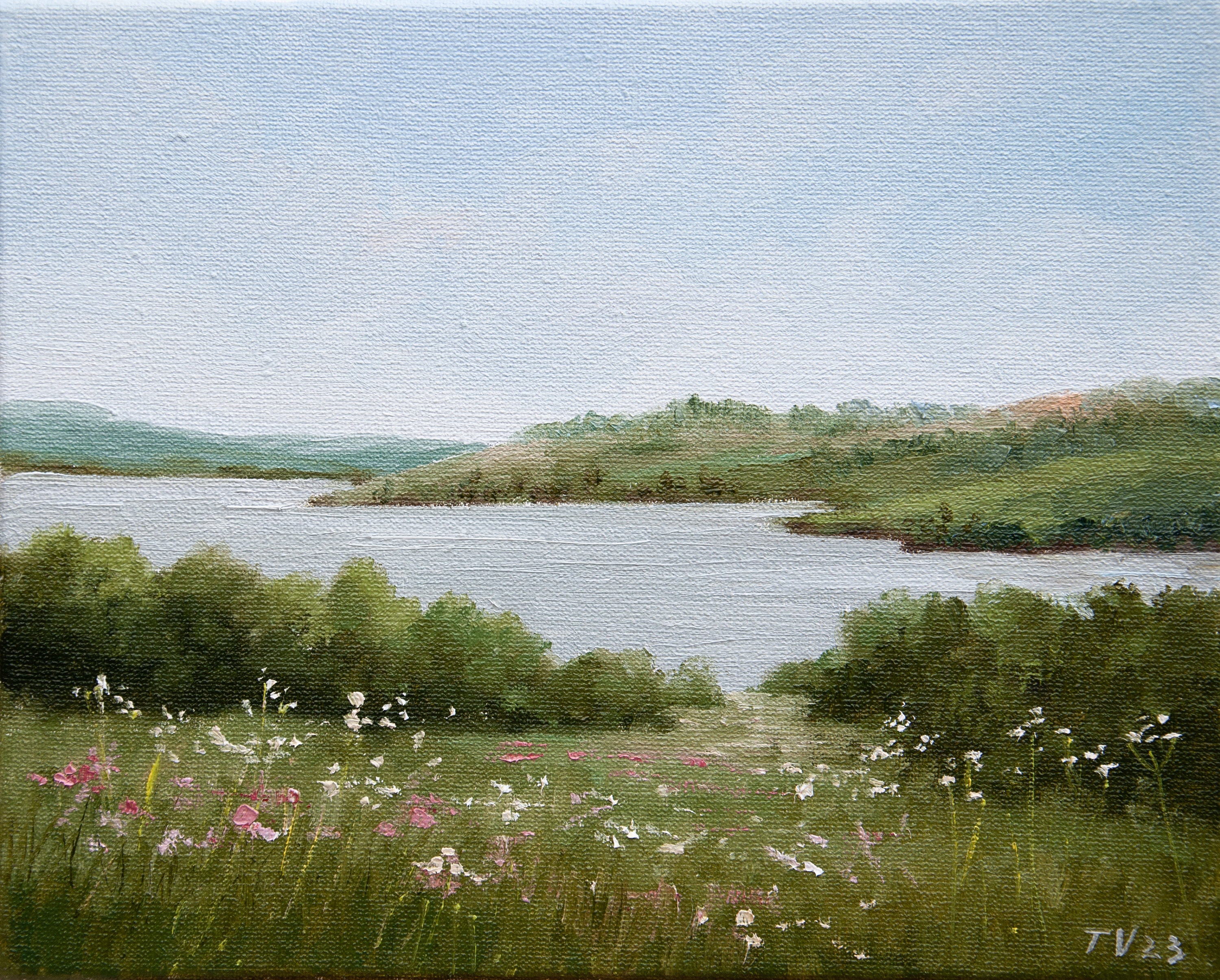 Summer Landscape Original Oil Painting On Canvas Serene Lake, Meadow, Nature Wall Art